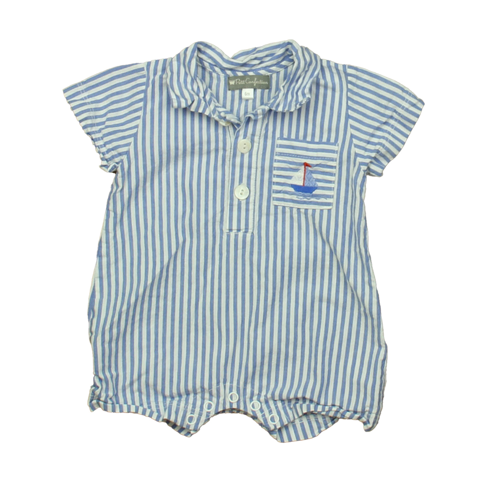 Petit Confection Boys Blue | White Sailboat Romper size: 6 Months